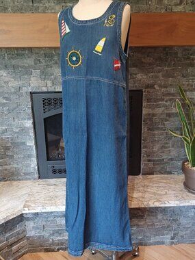 Nautical Coastal Embroided Denim Maxi Dress Jumper Vintage Hong Kong Size M
